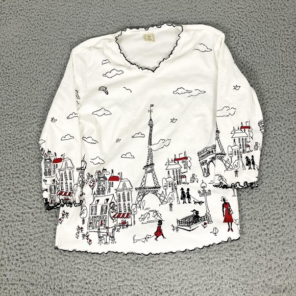 Jess & Jane Tops - Jess & Jane Shirt Womens Large White Paris City Print Scoop Neck Jersey Ruffle